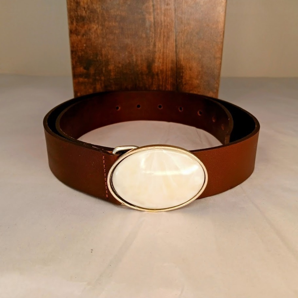ba&sh Leather Belt Womens 90/36 Brown Excellent Marbled Oval Buckle Italy France